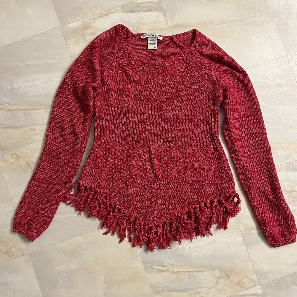 American Rag Cie Size M Boho Fringe Casual Sweater Red Long Sleeve Pullover Cozy